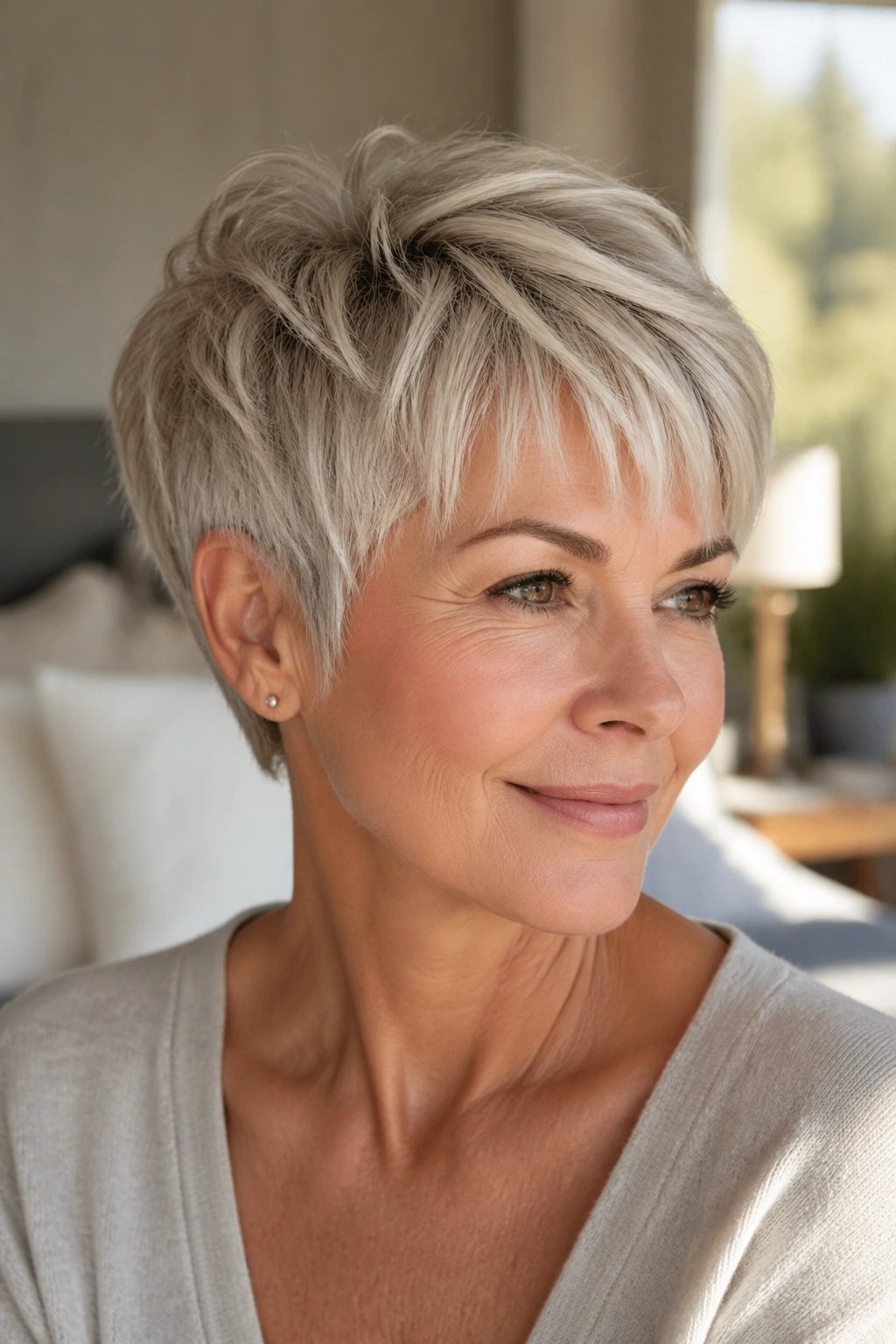 Real woman with soft layered crop in a sunlit bedroom