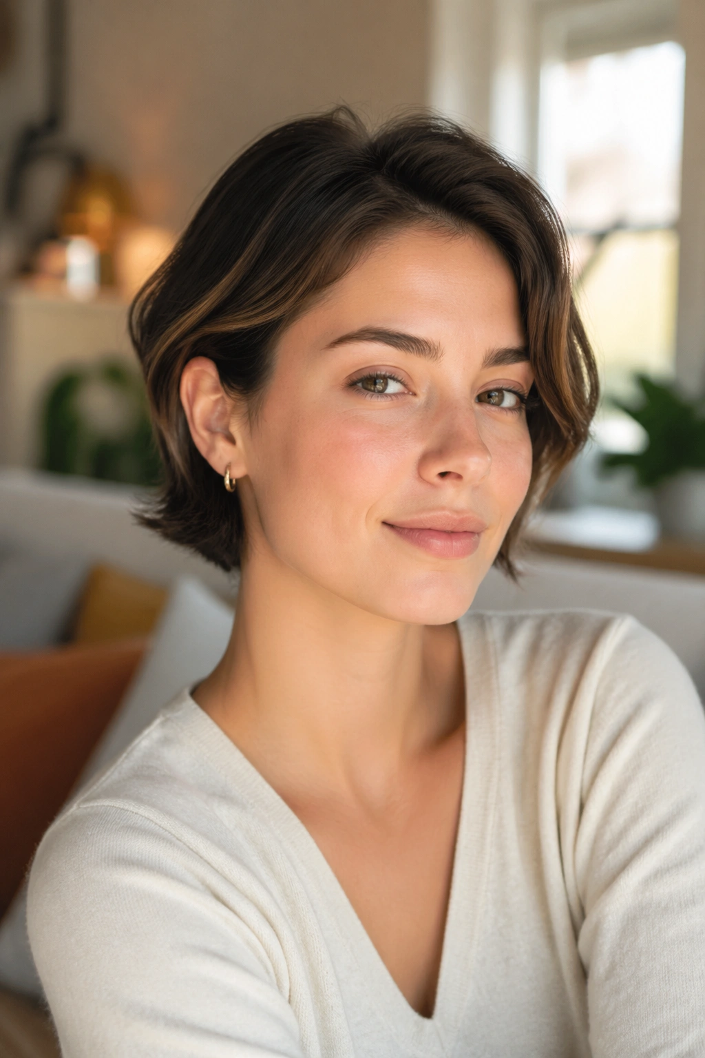 Close-up of soft layered crop with tucked-behind-ear styling on a real person