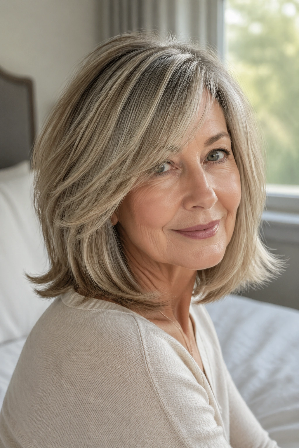 Close-up portrait of a real woman with a soft layered lob and side-swept bangs framing her face