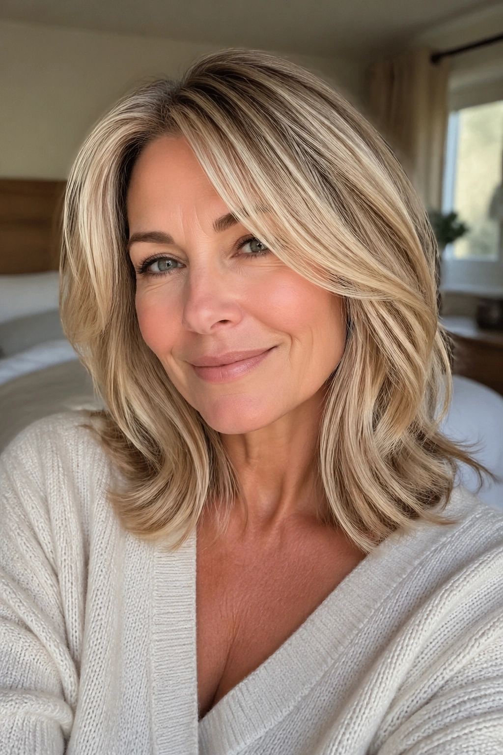Close-up of a real woman with a soft layered lob and beige blonde ribbons