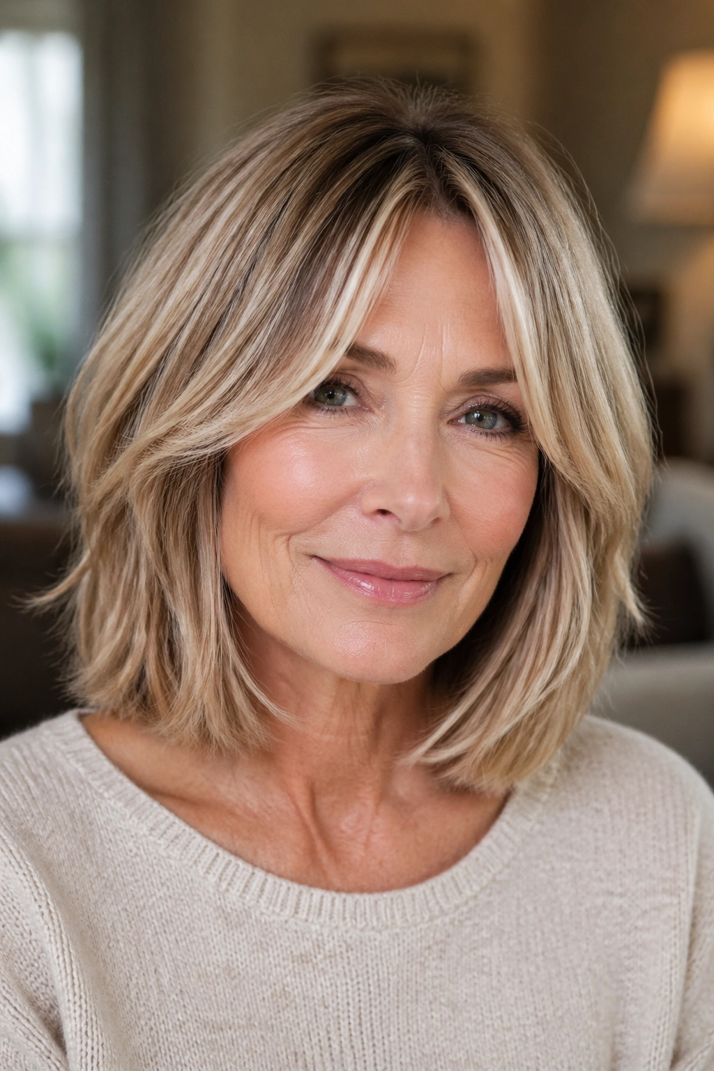 Close-up of a real woman with a soft layered lob and curtain fringe