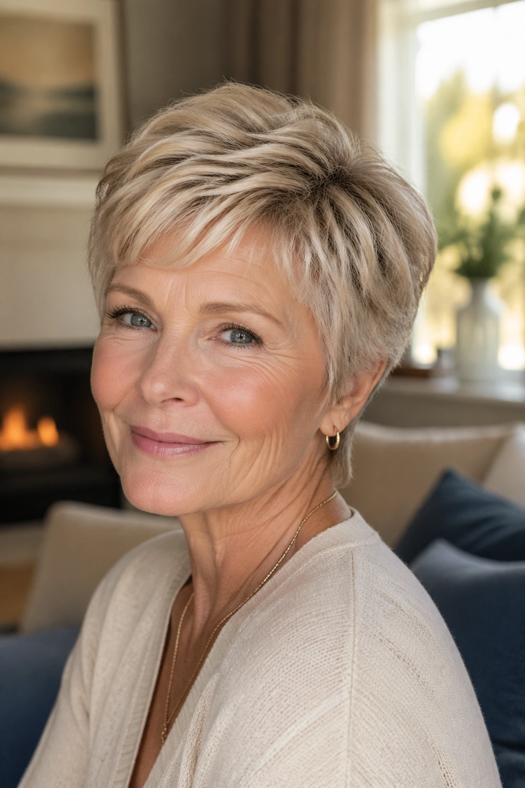 Close-up of real woman wearing a soft layered pixie with feathered crown in warm living room light