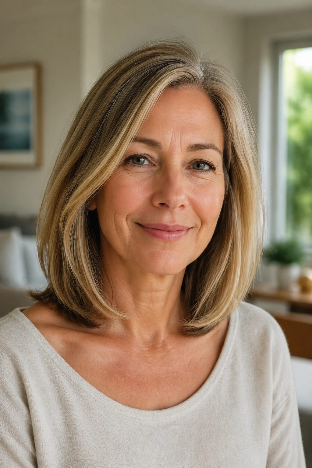 Close-up portrait of a woman with a soft lob at collarbone length