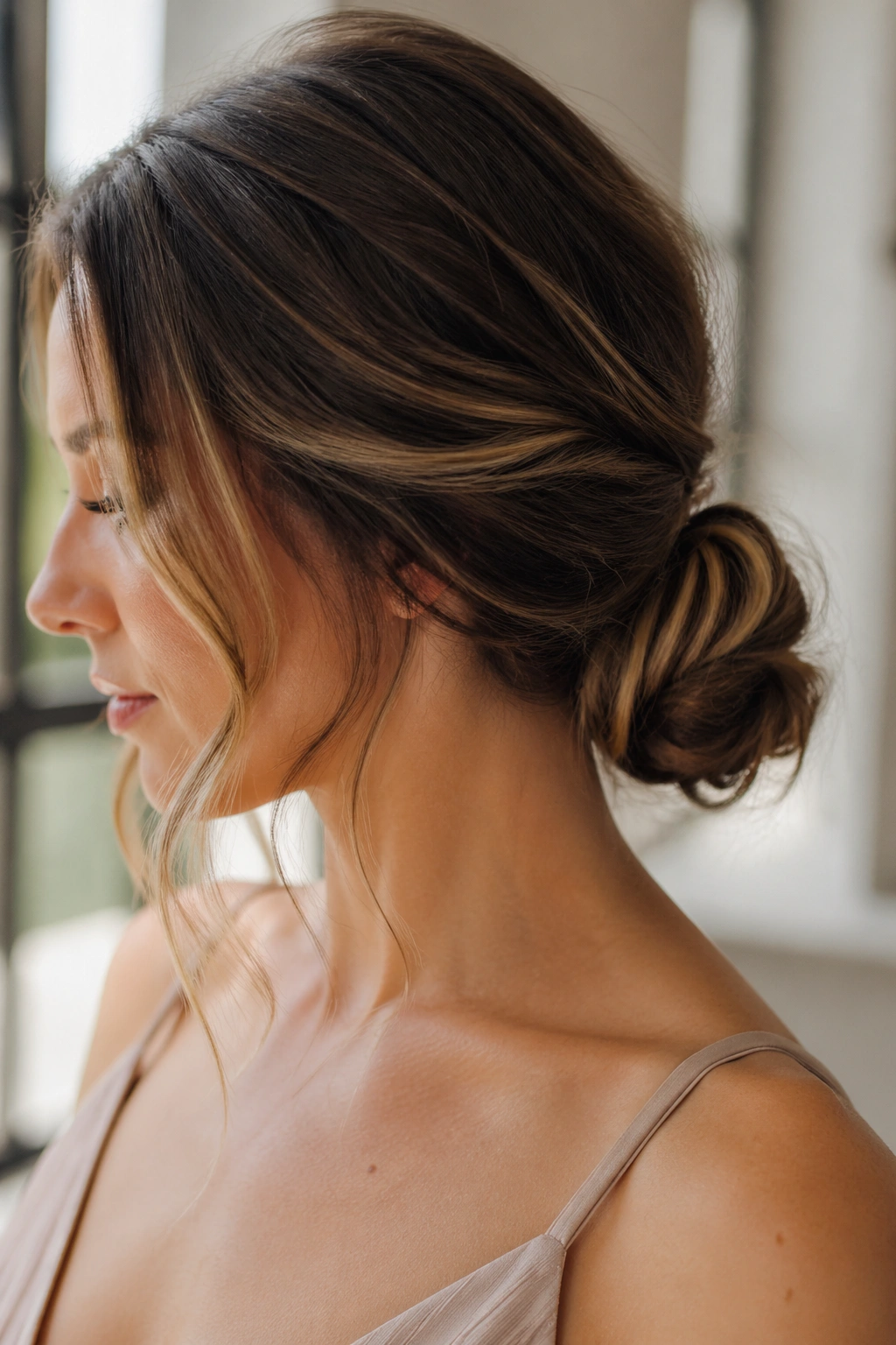 Close-up of a real bridesmaid with a soft low bun and face-framing pieces in natural light