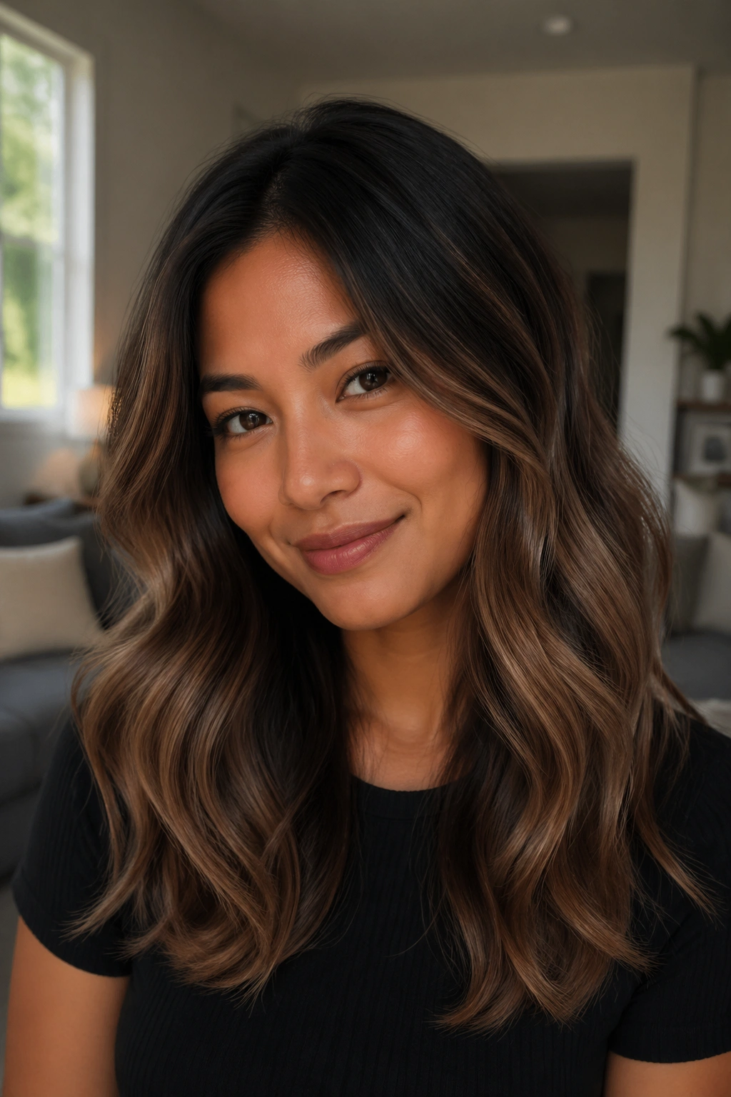 Close-up of a real woman with soft mocha ombré from root to tip