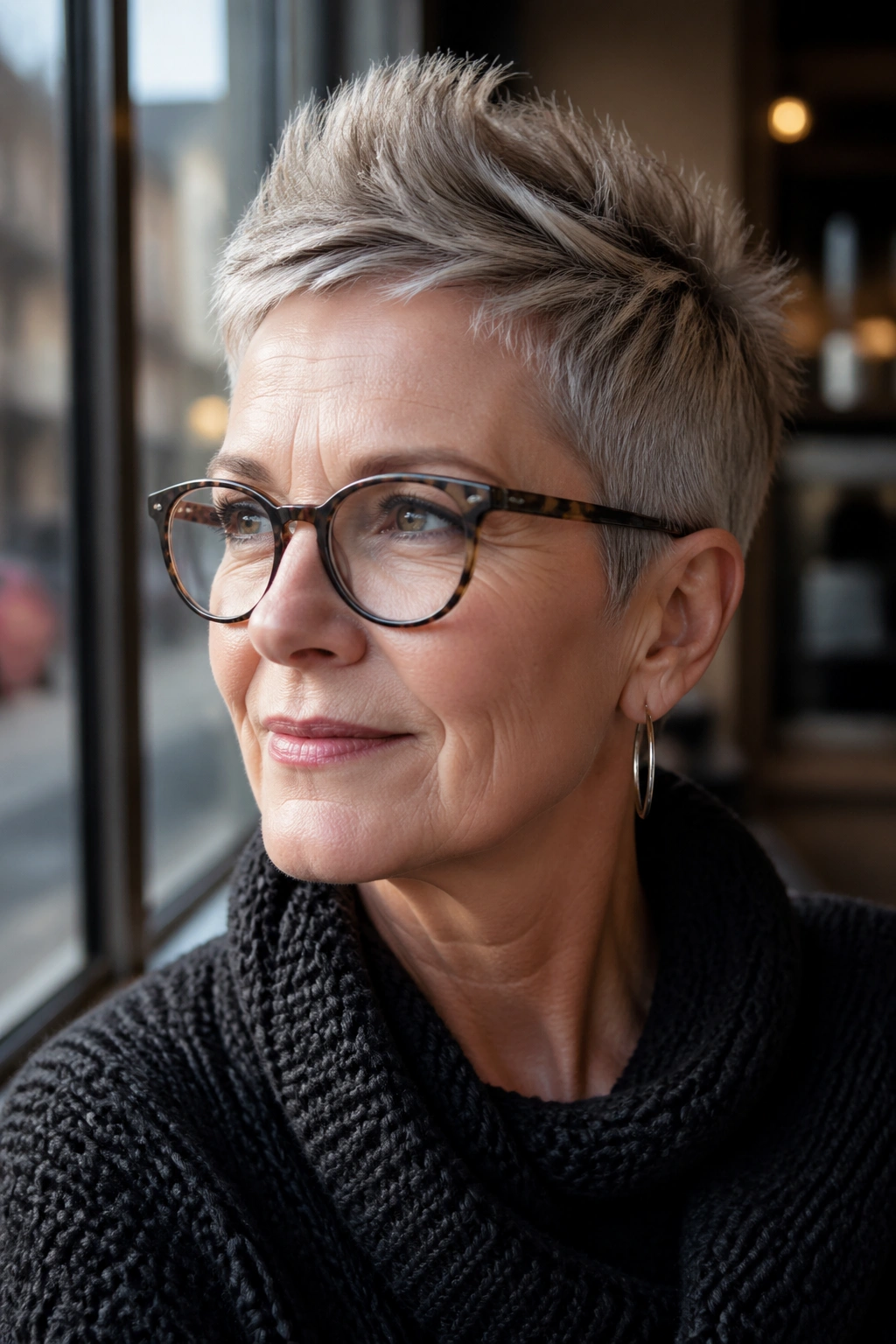 Close-up of a real woman's soft mohawk pixie in an urban cafe setting