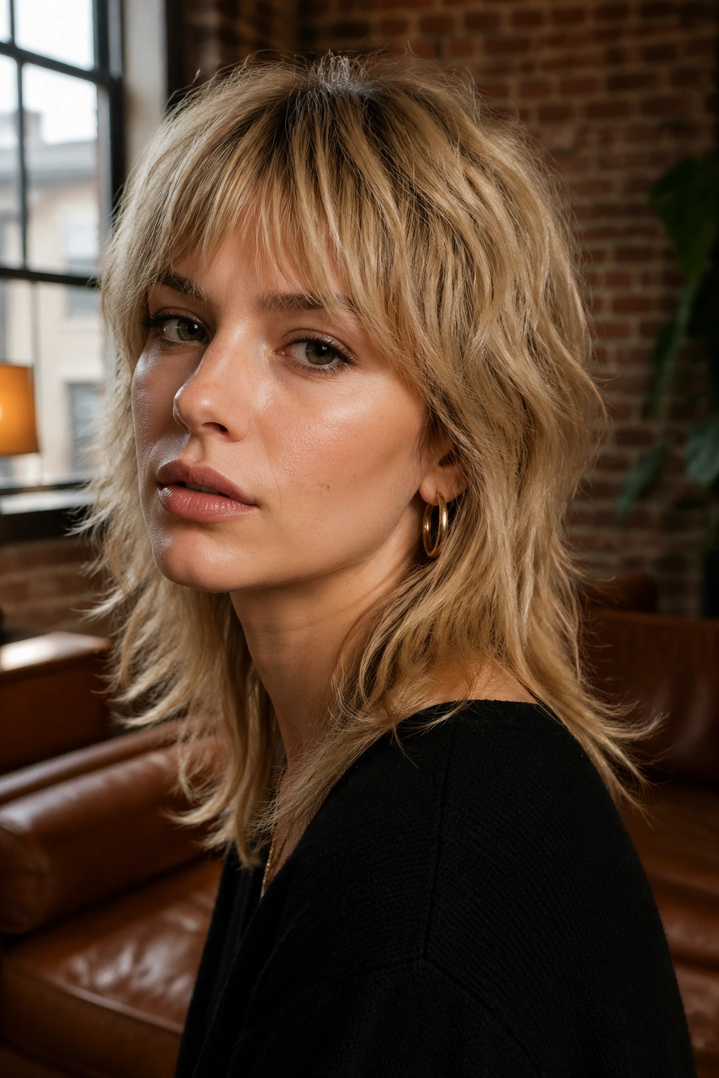 Three-quarter portrait of a woman with a soft mullet and light fringe in a loft setting.