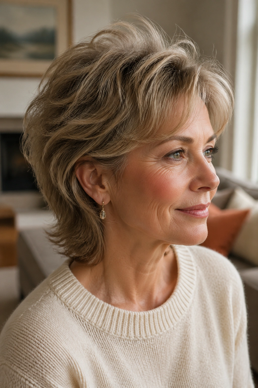 Close-up portrait of a real woman with a soft mullet and gentle movement in warm window light