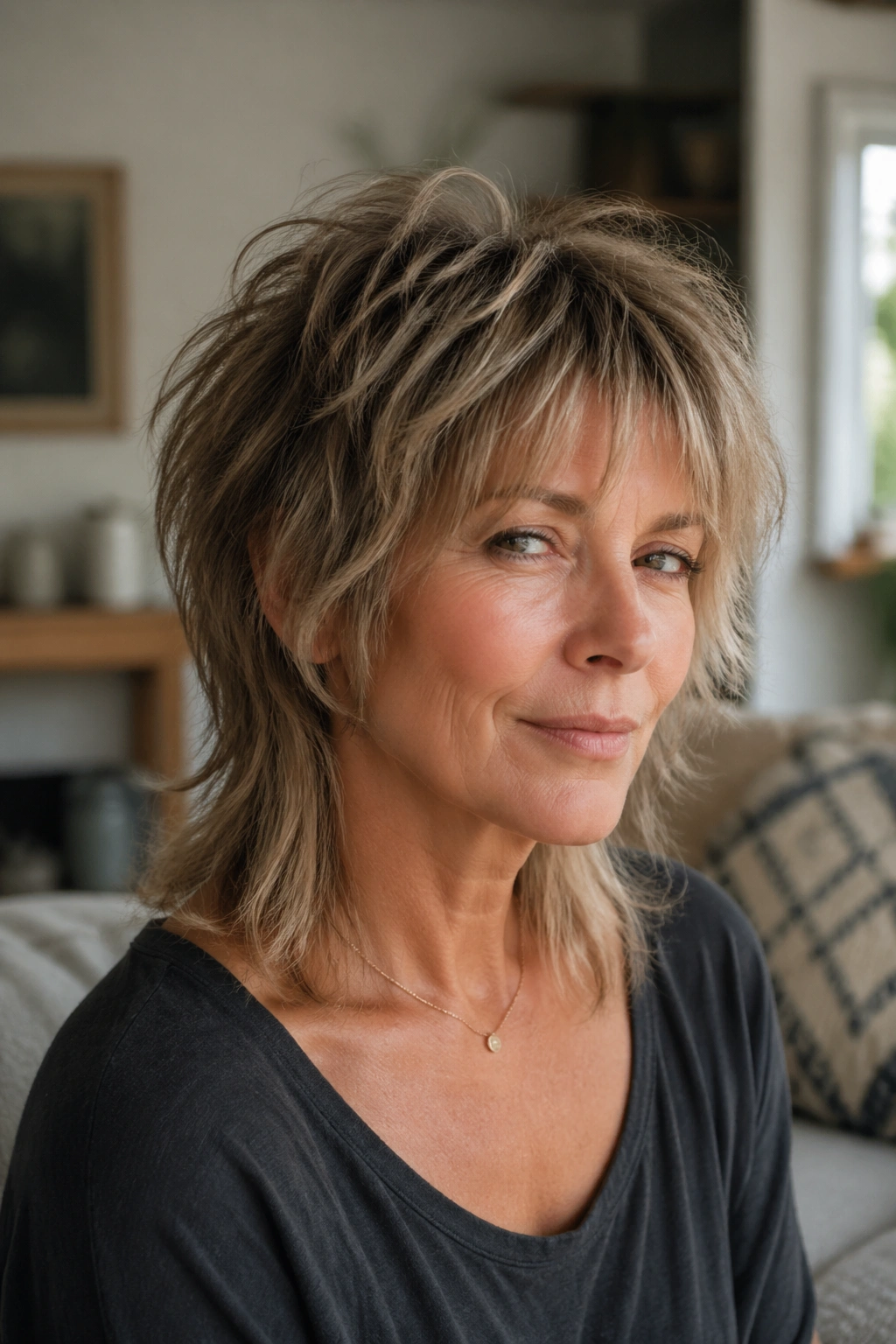 Close-up of real woman with soft mullet-inspired shag in a cozy living room