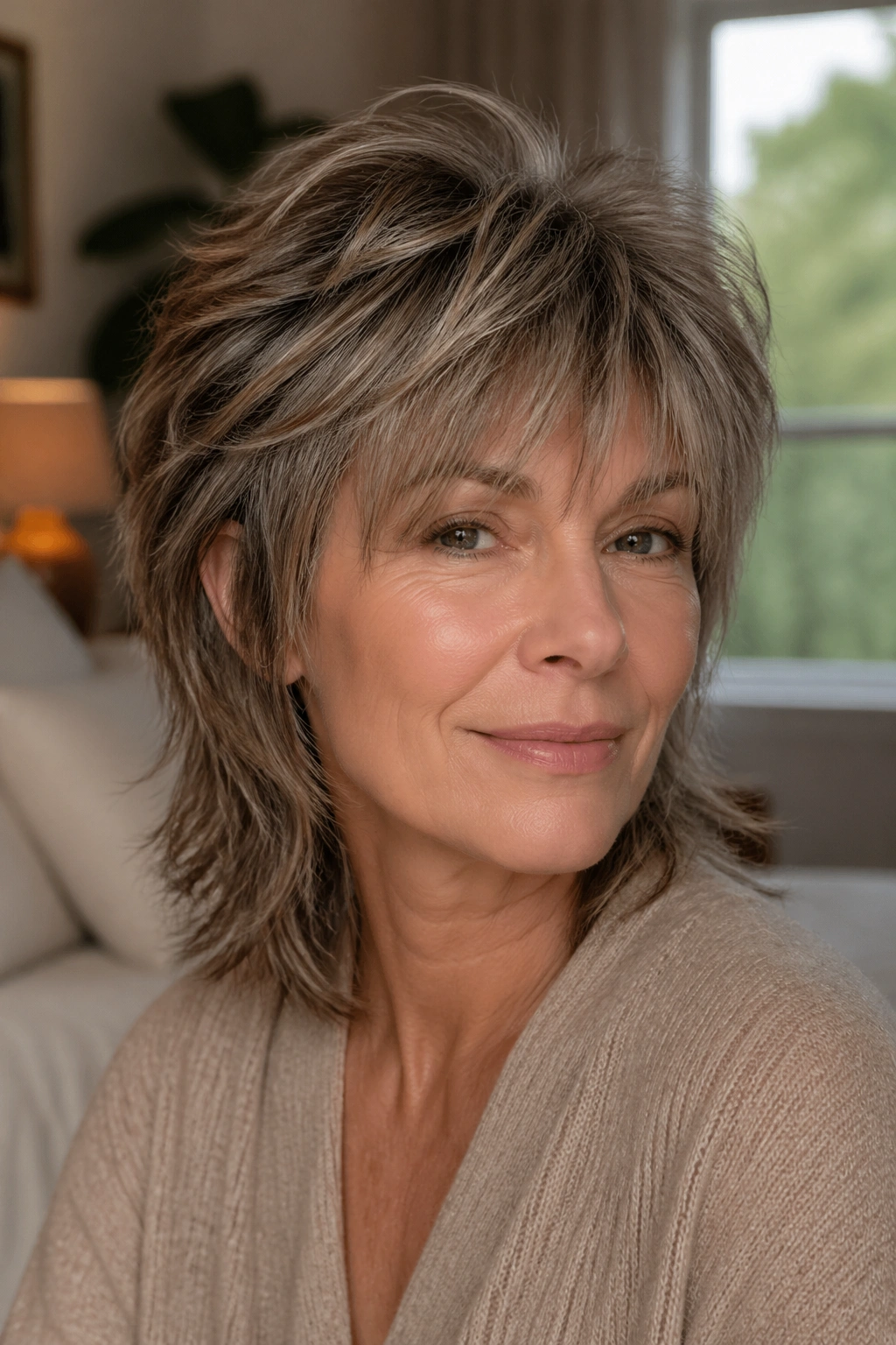 Close-up of a real woman wearing a soft mullet shag hairstyle in a cozy, softly lit room.