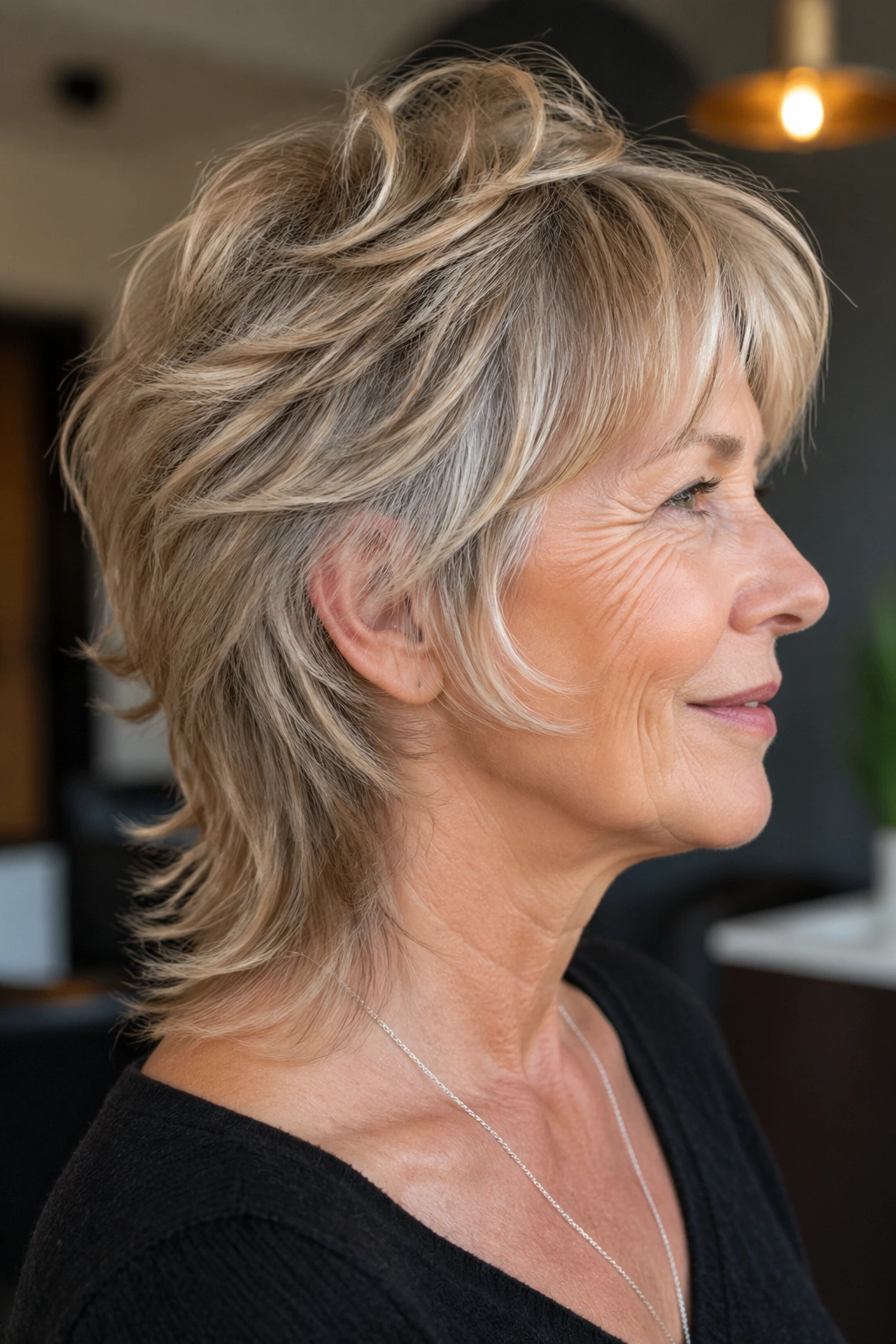 Side-profile of real woman with soft mullet-inspired shag
