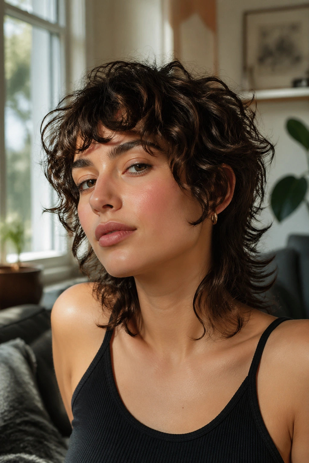 Close-up portrait of a real person with a soft mullet showing shorter front and crown lift on wavy hair