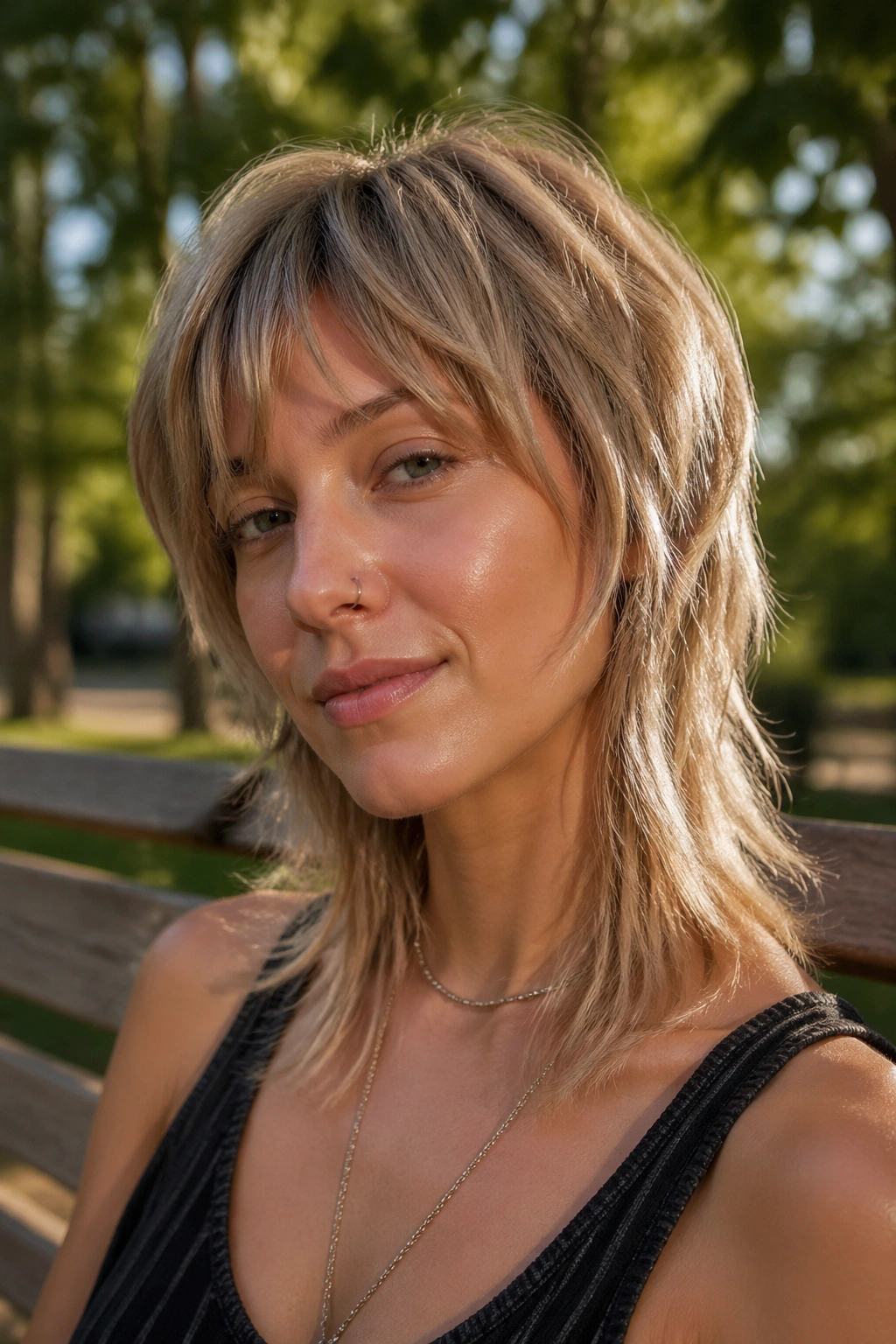 Close-up portrait of real person with soft mullet and wispy ends in a park setting