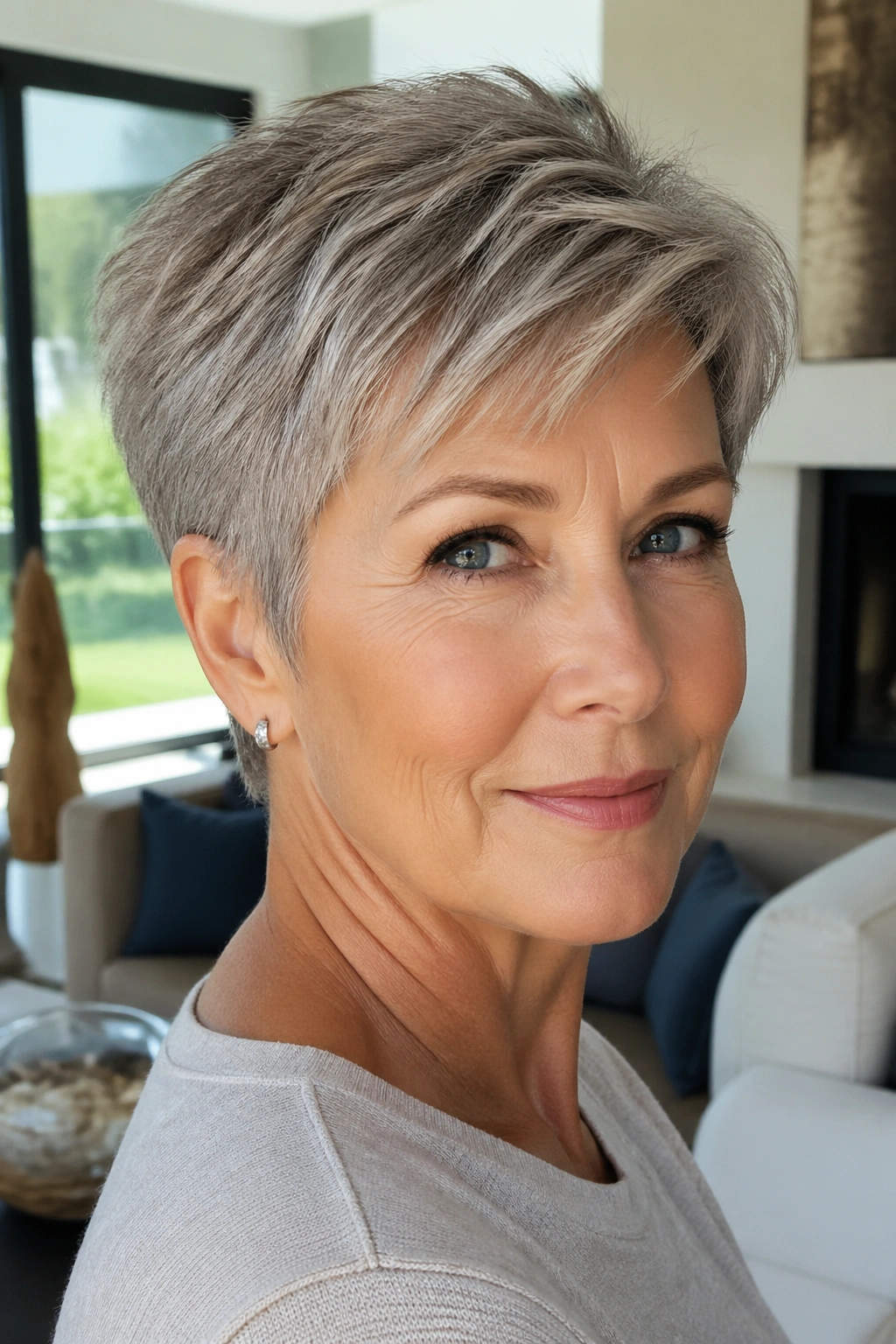 Close-up of a real woman with a soft pixie and longer crown in bright living room light.