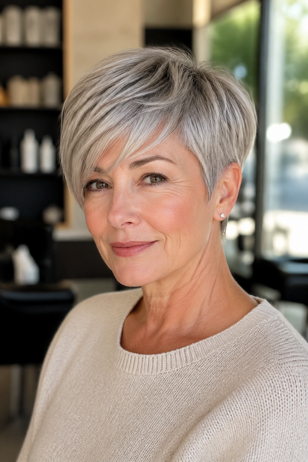 Close-up portrait of a real woman with a soft pixie and side-swept fringe.