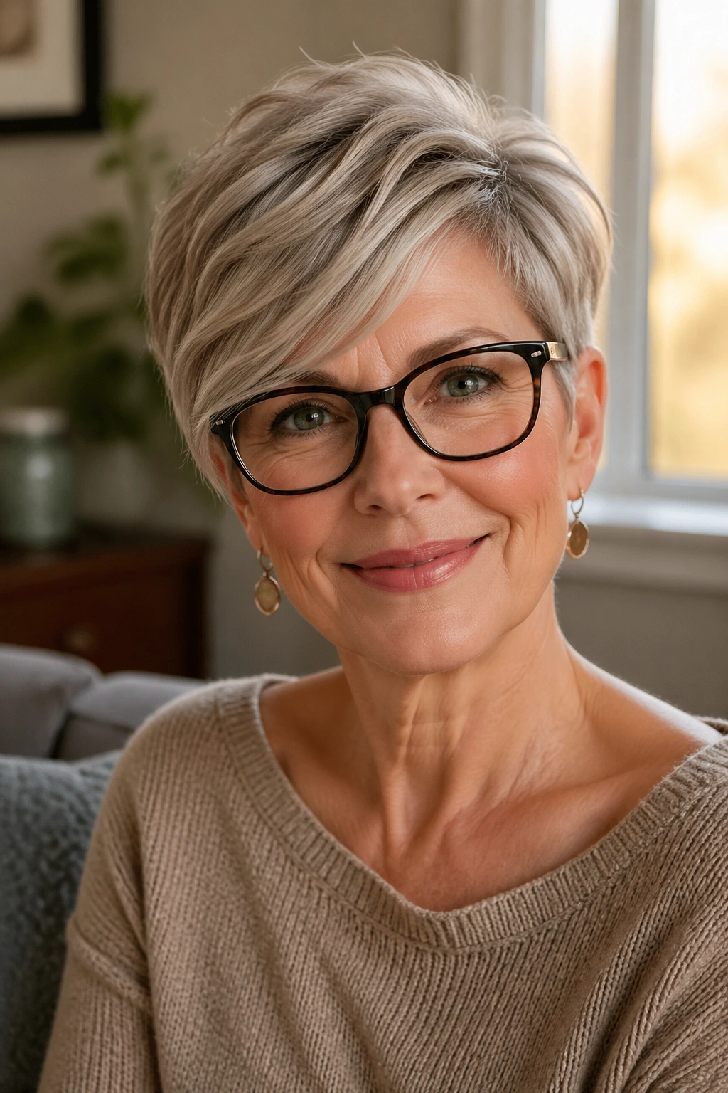 Close-up portrait of a 50+ woman with glasses wearing a soft side-swept pixie