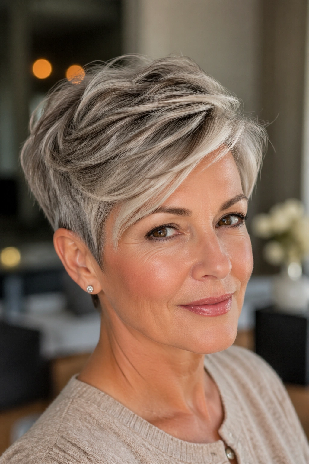Real woman with a soft pixie and longer top hairstyle.