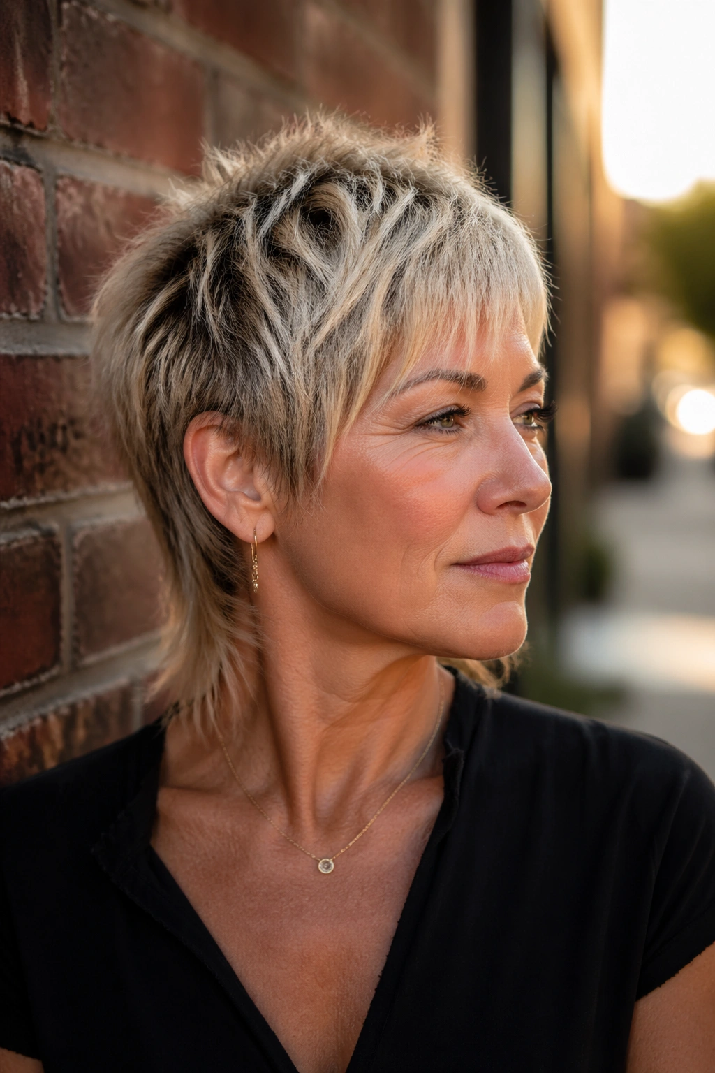 Real woman with soft pixie mullet in urban daylight