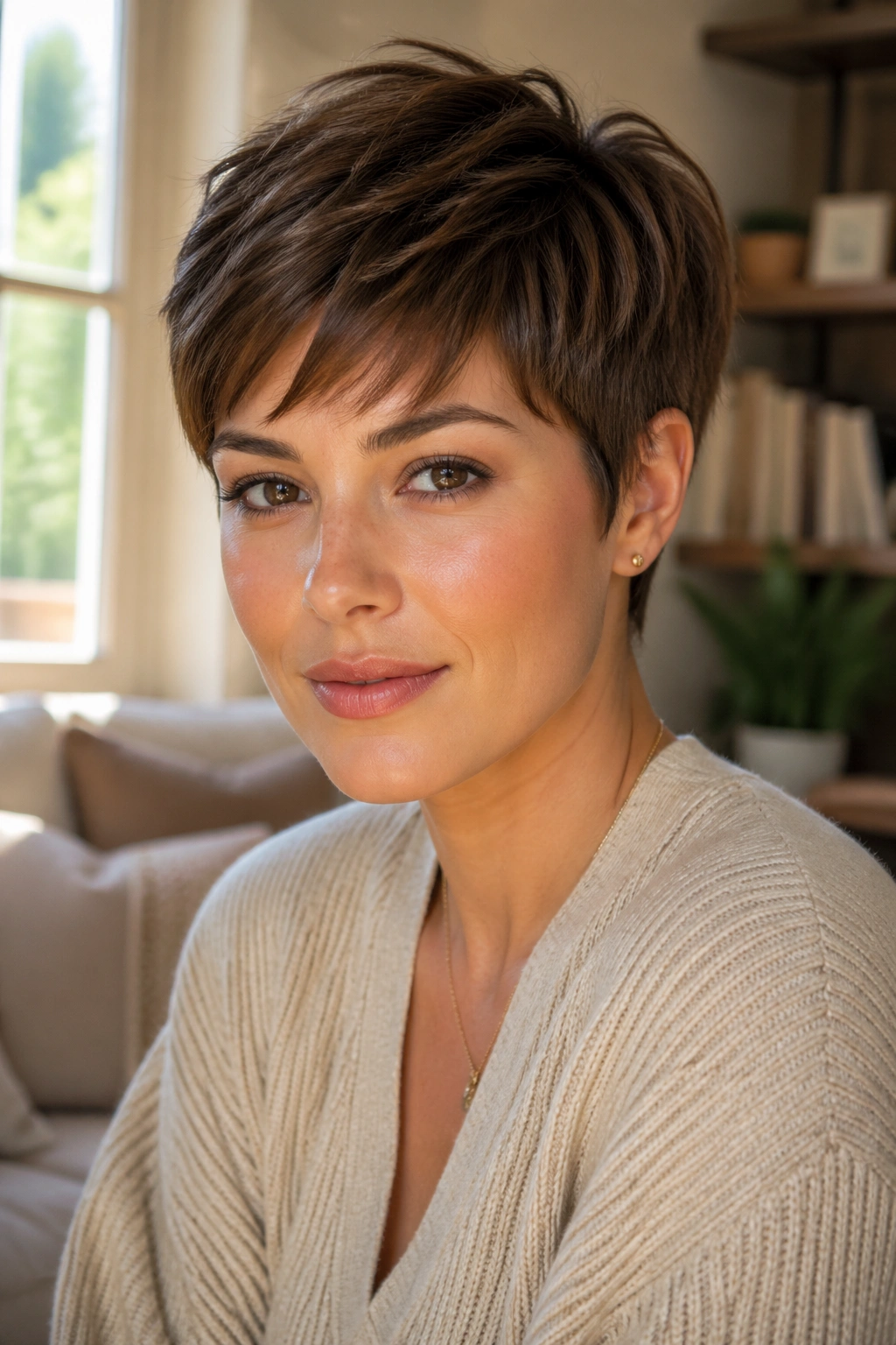 Close-up portrait of a woman with soft pixie haircut showing fringe and crown