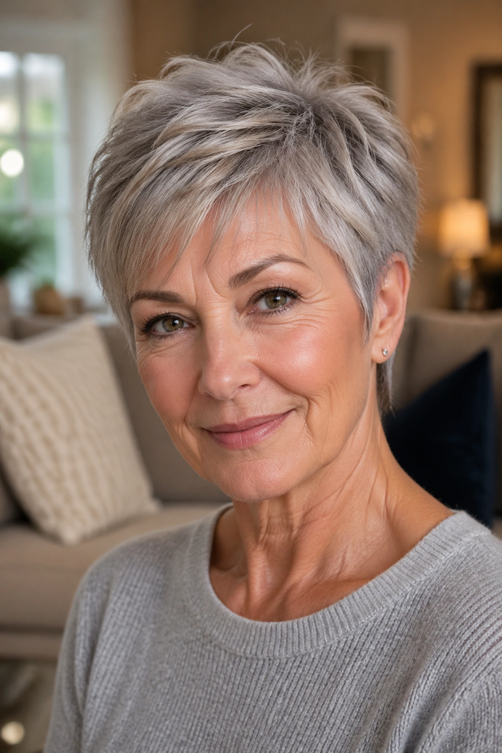 Close-up portrait of a real woman over 60 with a soft pixie haircut