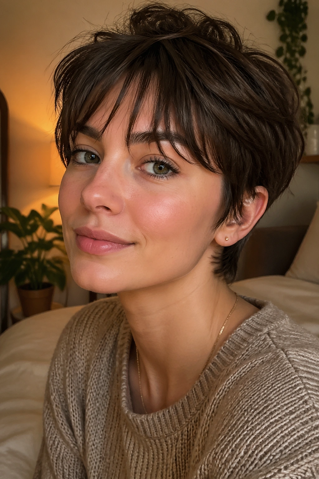 Portrait of a real woman with soft pixie and wispy bangs in a warm bedroom