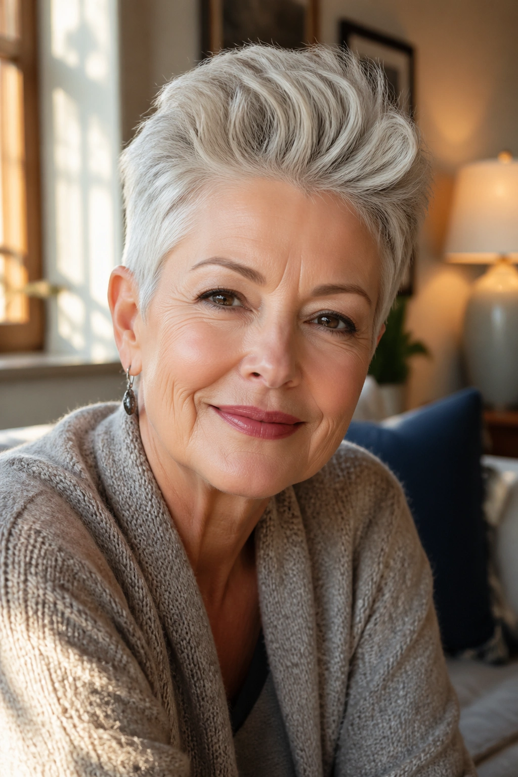 Close-up portrait of a real woman with soft pompadour pixie hairstyle, warm window light