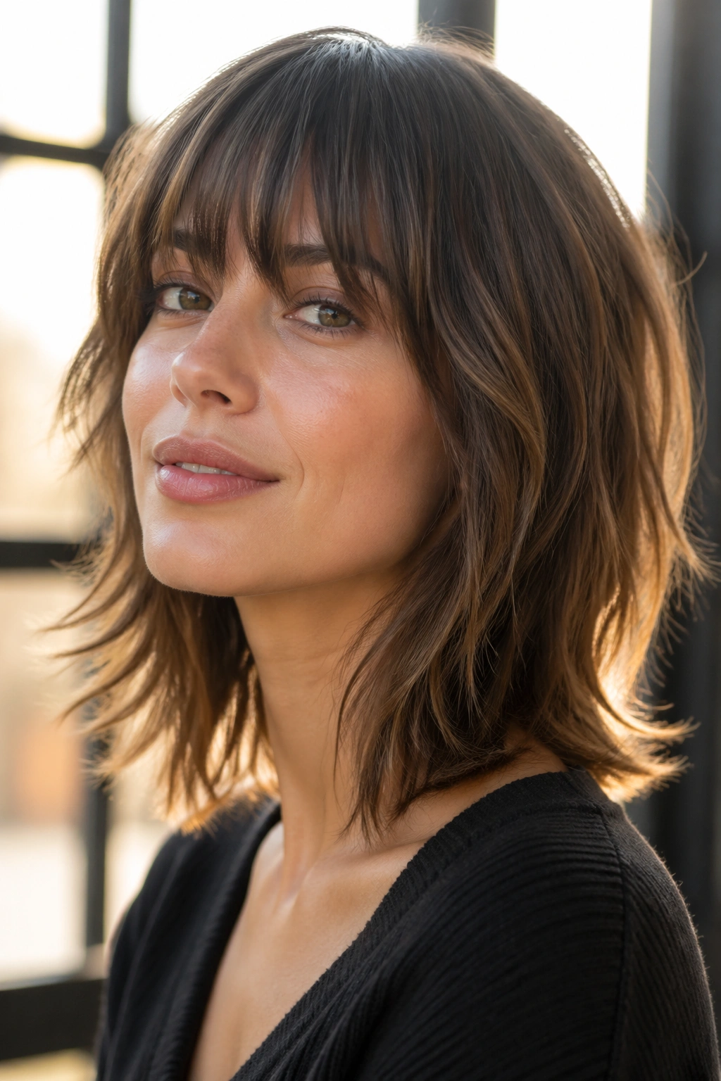 Close-up of a real person with The Soft Shag With Airy Fringe hairstyle, shoulder-length waves.