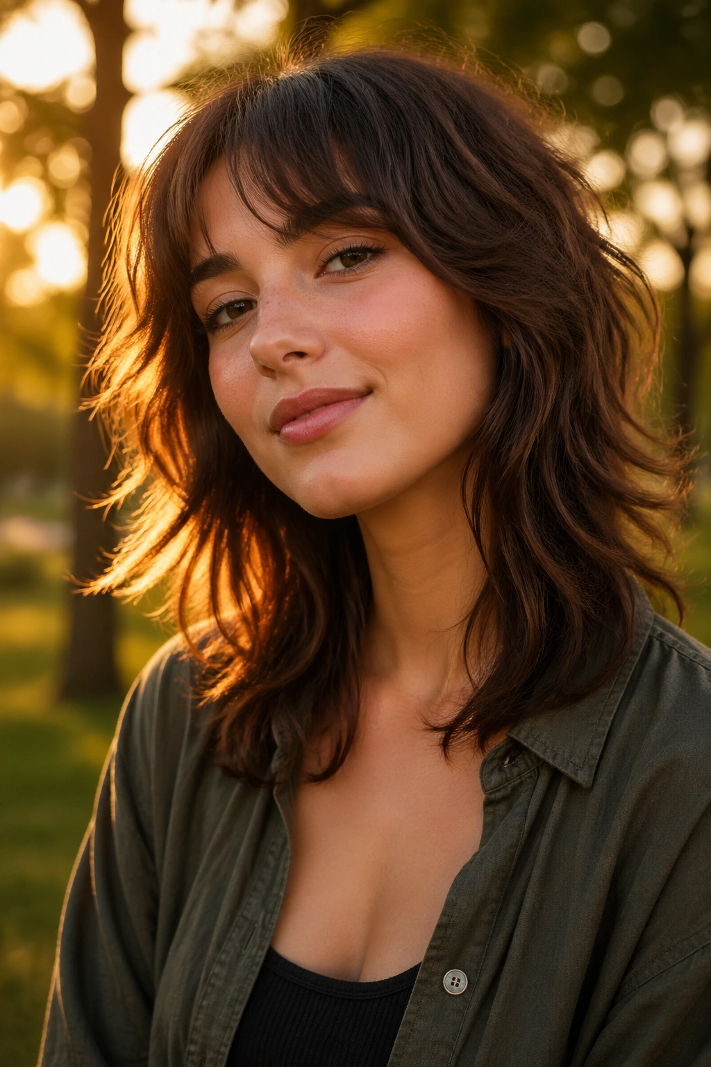 Portrait of a real person with a soft shag and airy layers in a park at golden hour.