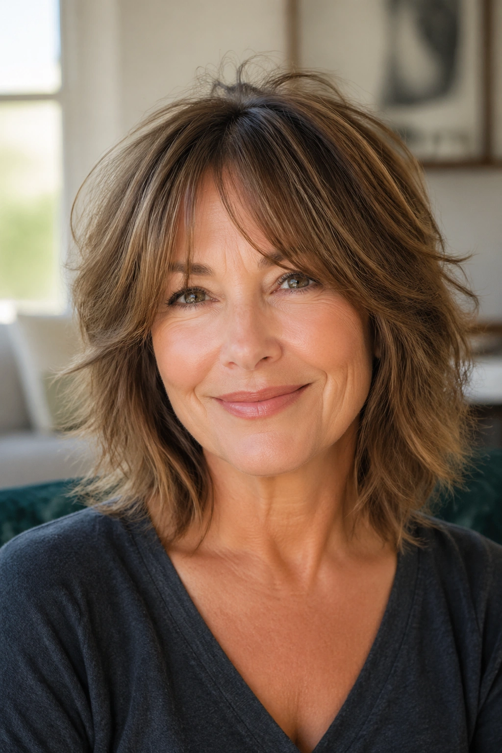 Close-up portrait of a real woman with soft shoulder-length shag and curtain bangs