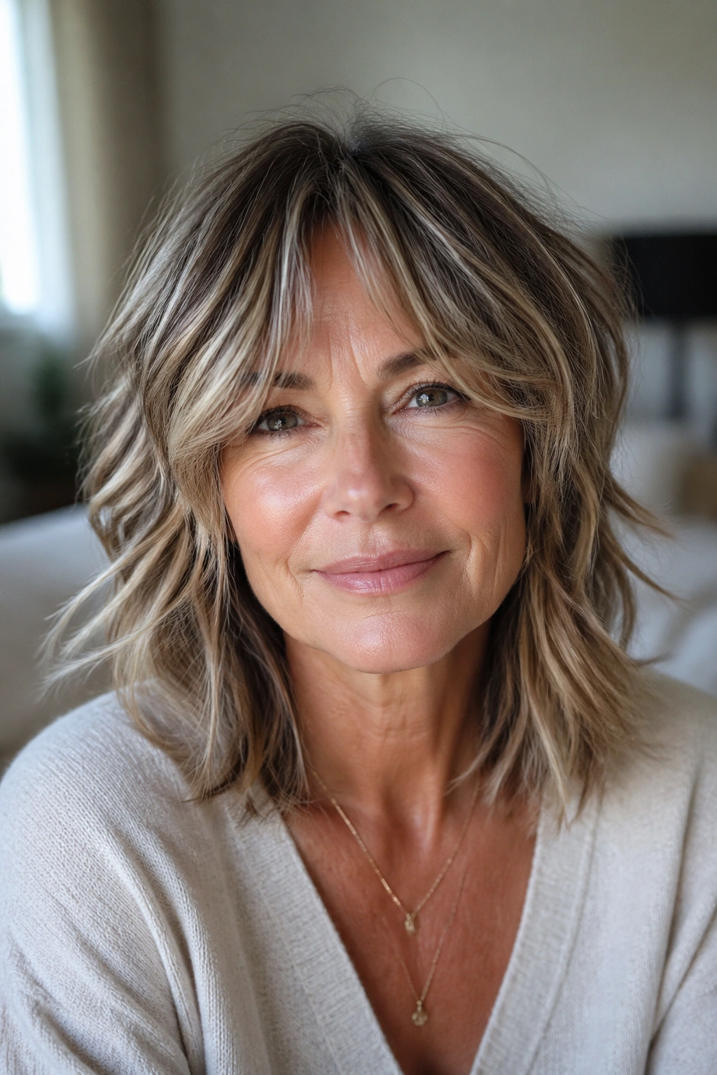 Close-up portrait of a woman with a soft shag and curtain bangs