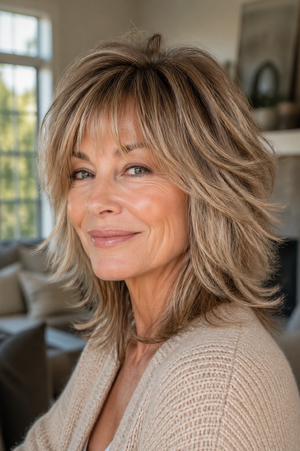 Portrait of a woman with a soft shag and feathered layers