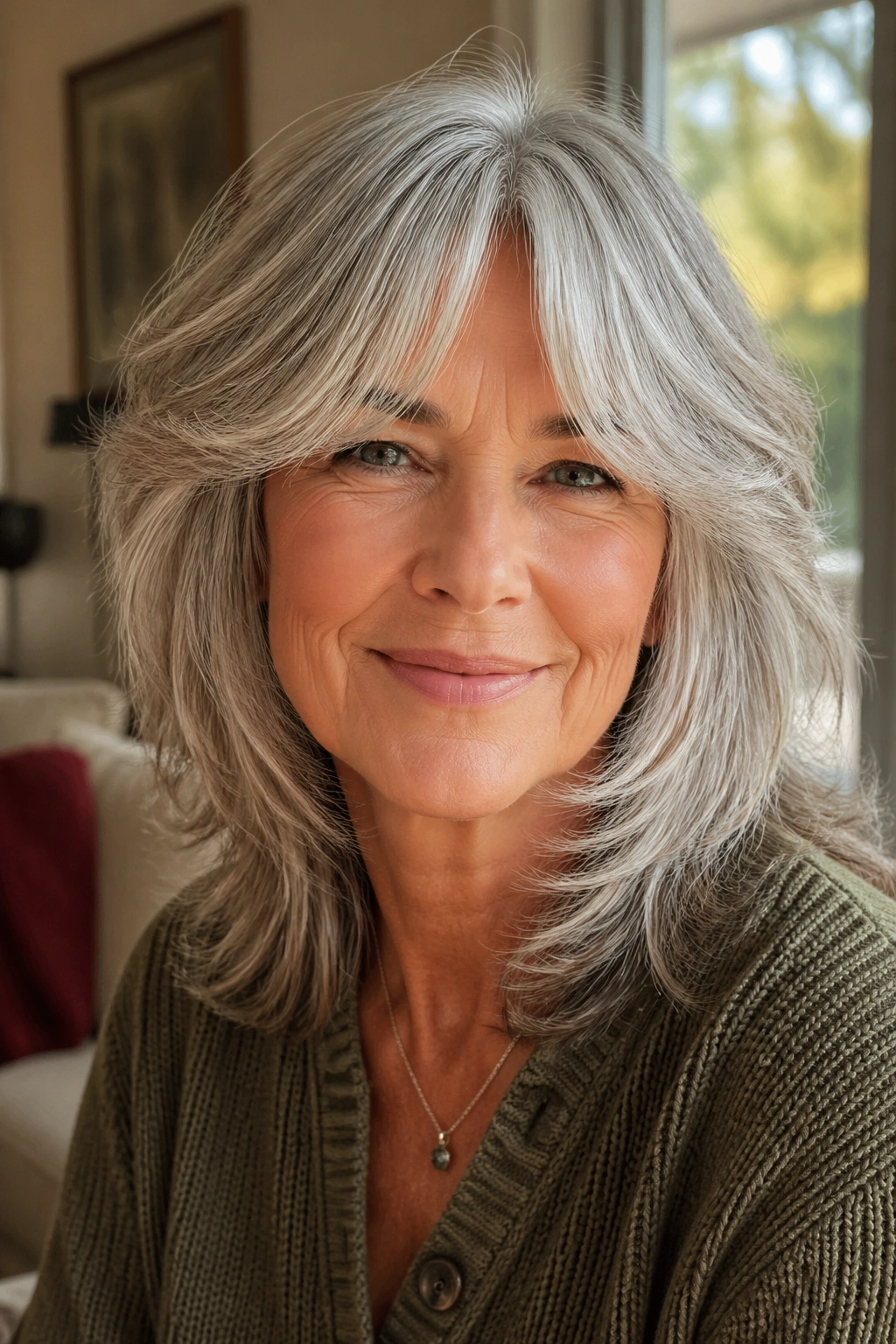 Portrait of a woman with soft shag and curtain bangs in warm natural light