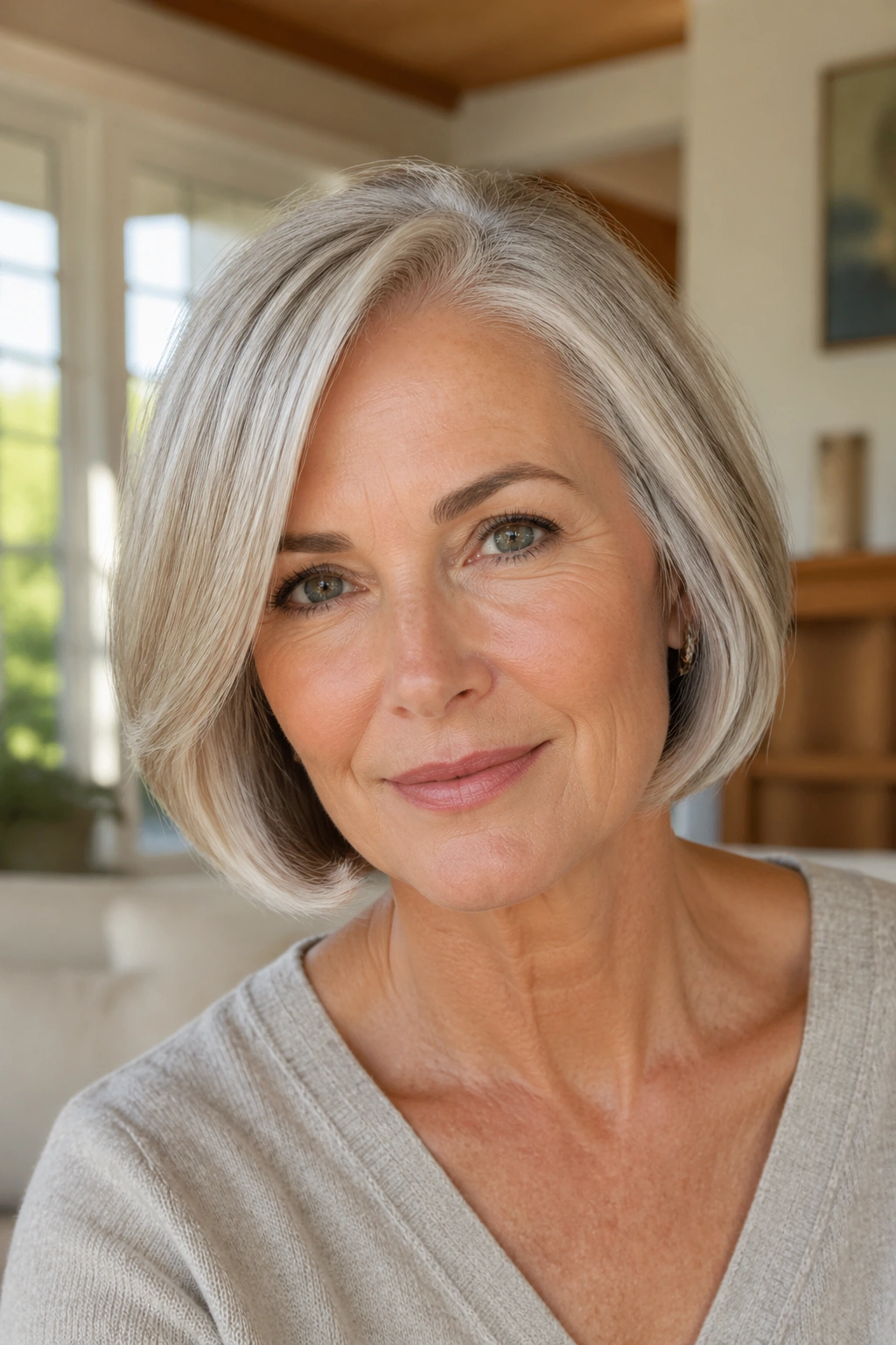 Senior woman with a soft side-part bob in warm window light