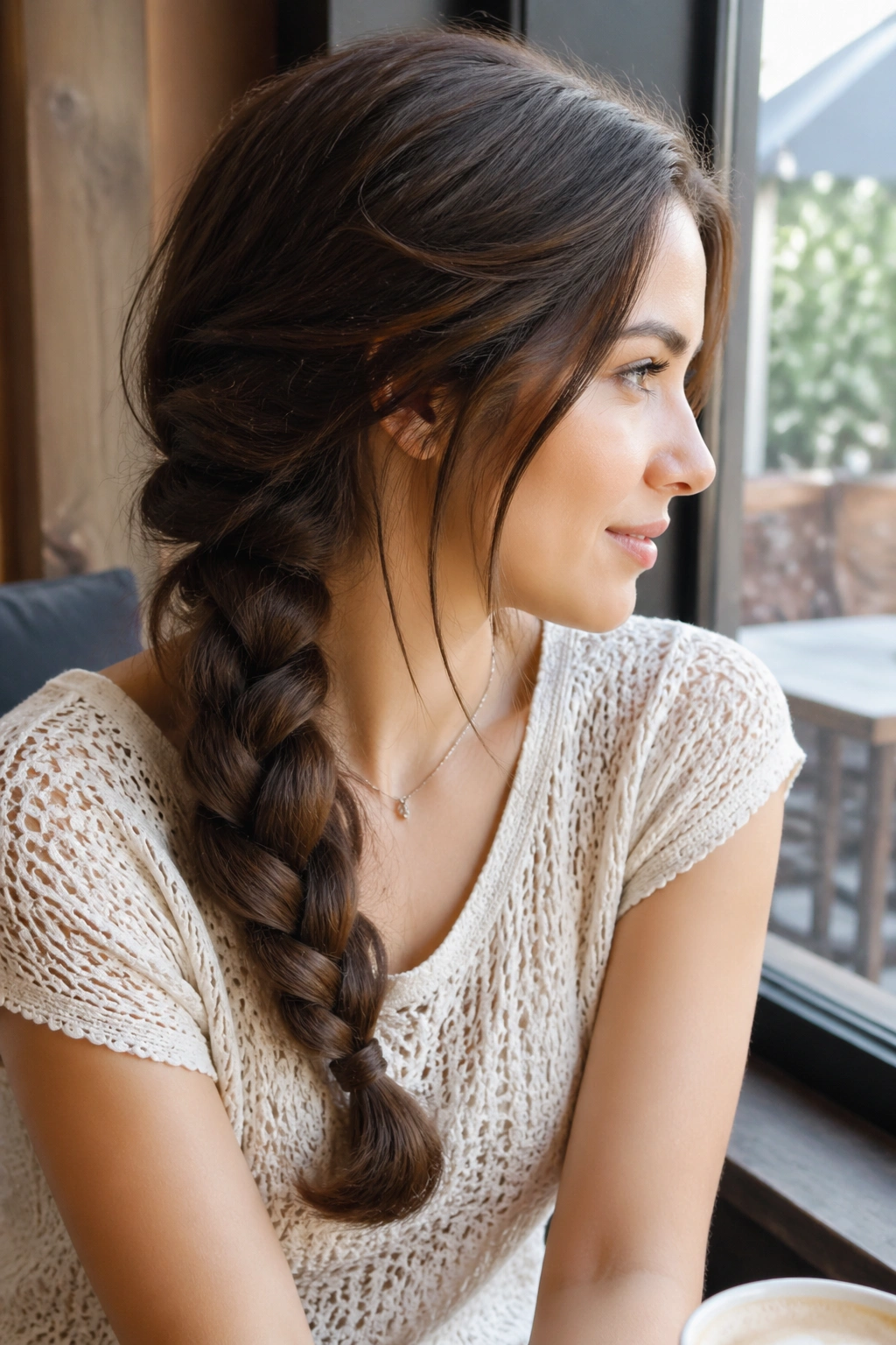 Side-profile of a real woman wearing a soft side-sweep braid over one shoulder