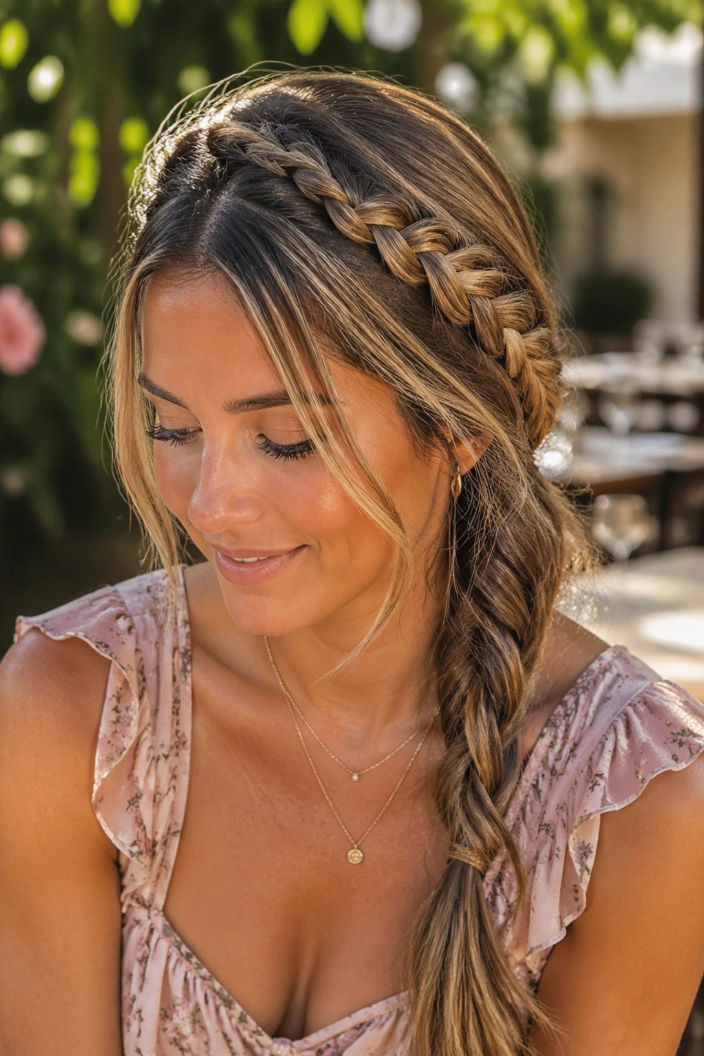 Portrait of a real woman with a soft side-swept rope braid in warm light