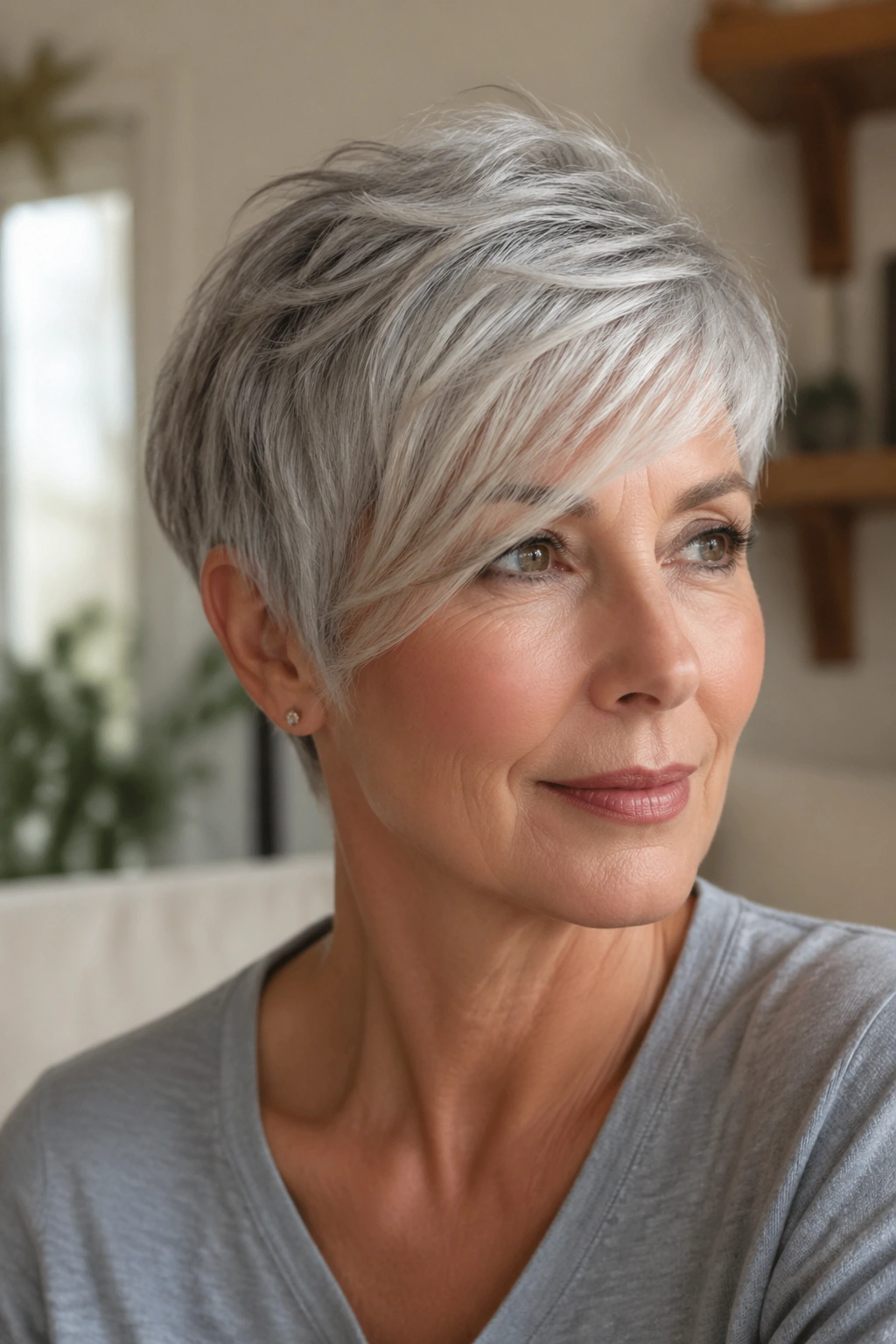 Close-up portrait of a real woman with a soft silver pixie cut and side-swept fringe.