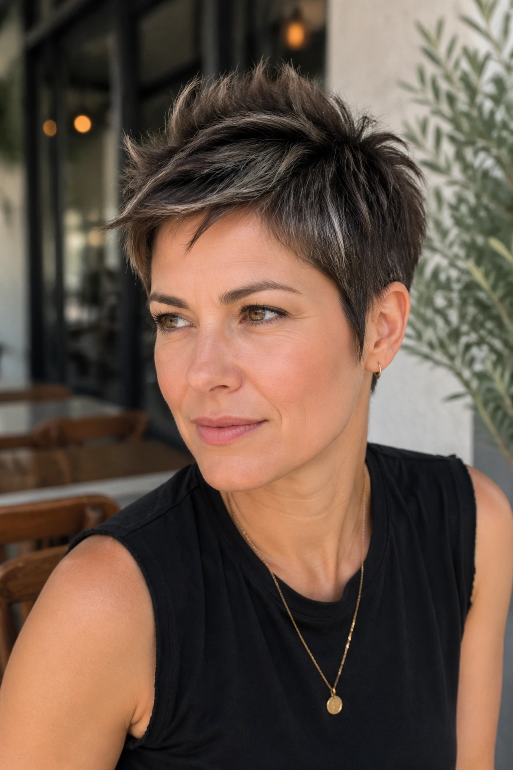 Close-up portrait of a real woman with Soft Spiky Pixie hairstyle and lifted top pieces.