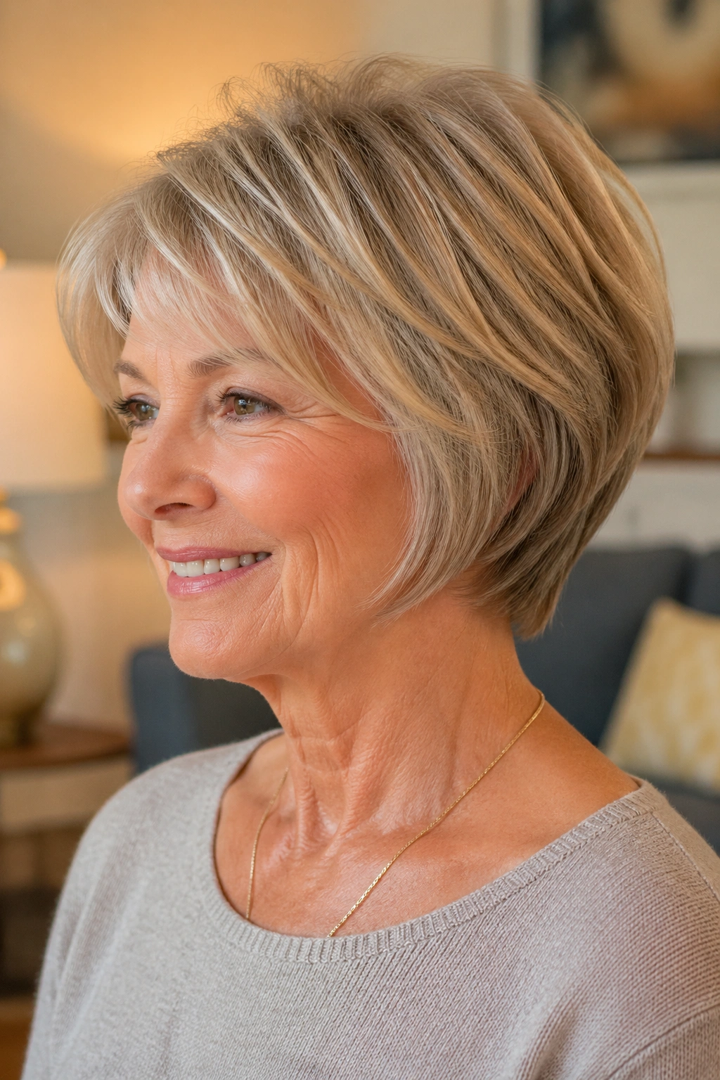 Real woman with soft stacked bob showing crown lift