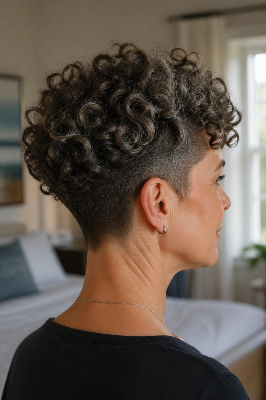 Real woman with a soft undercut visible under the top curls