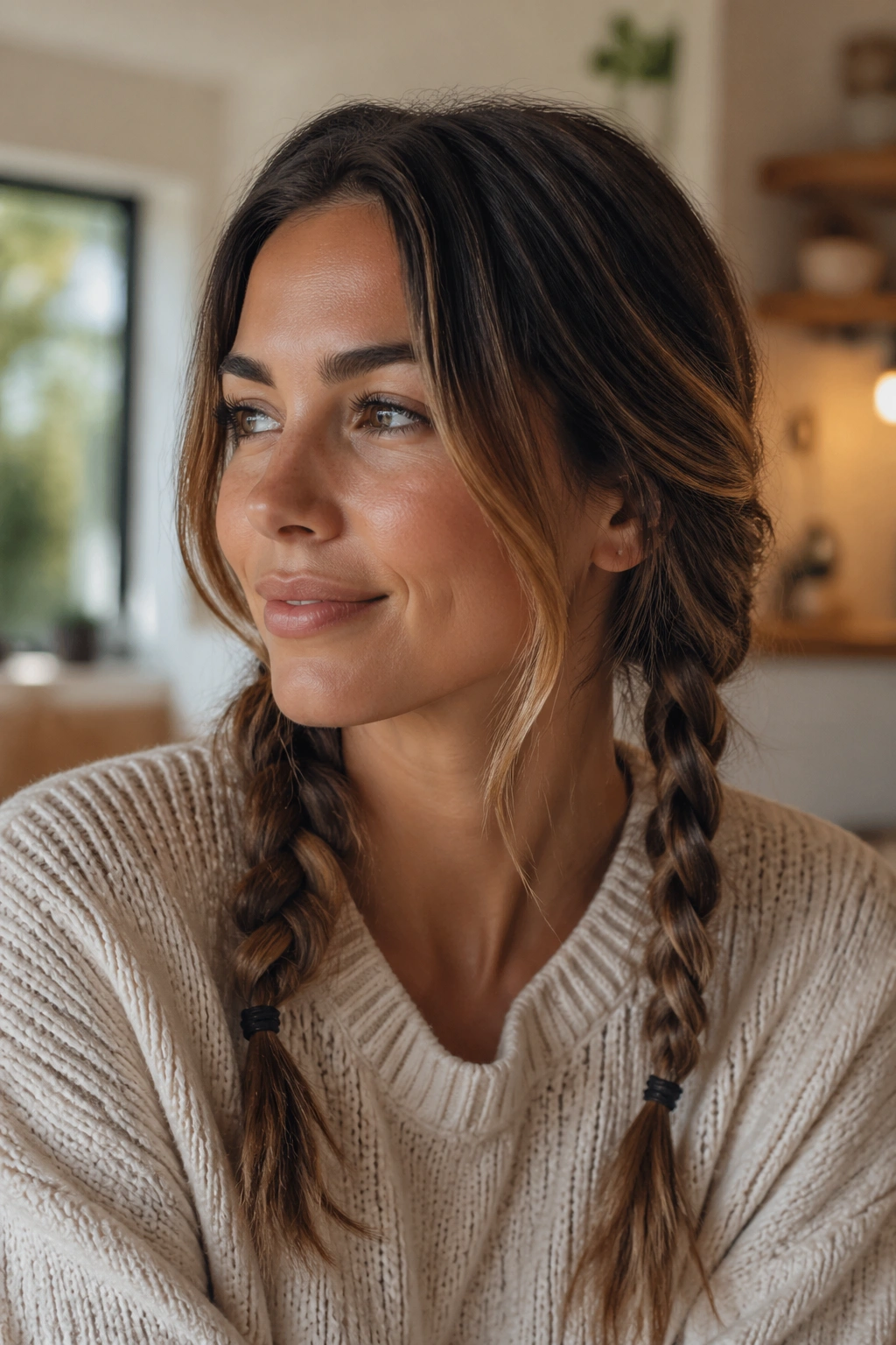 Close-up of a real woman with soft undone pigtail braids in a warm, everyday setting