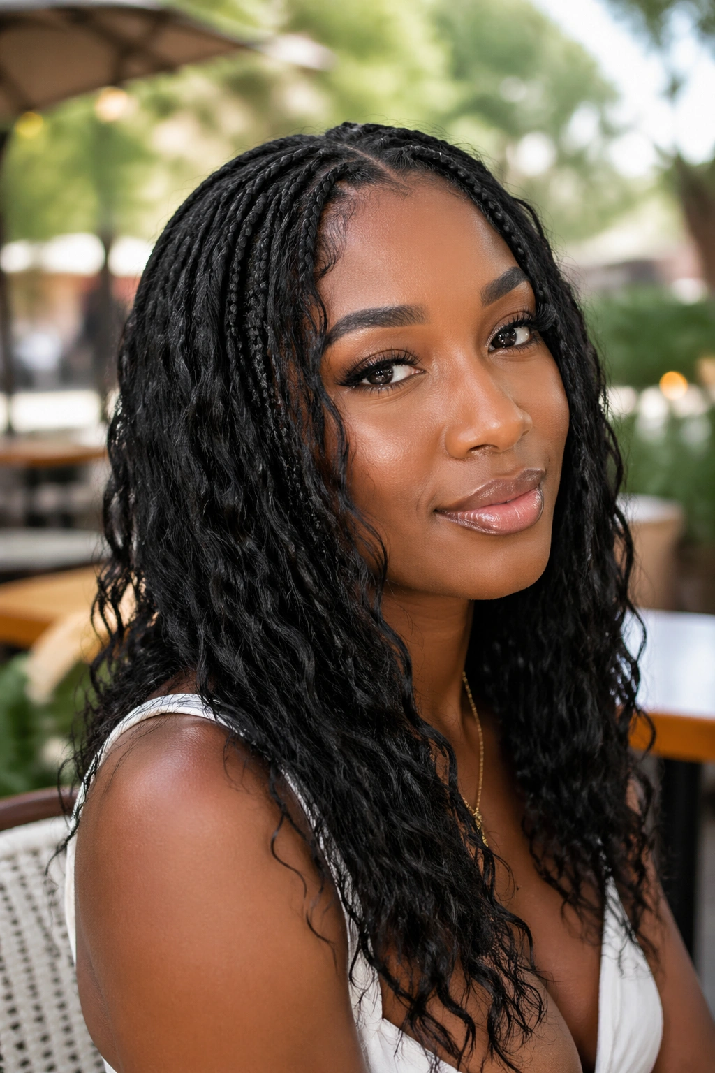Close-up of a real woman with soft water-wave crochet braids