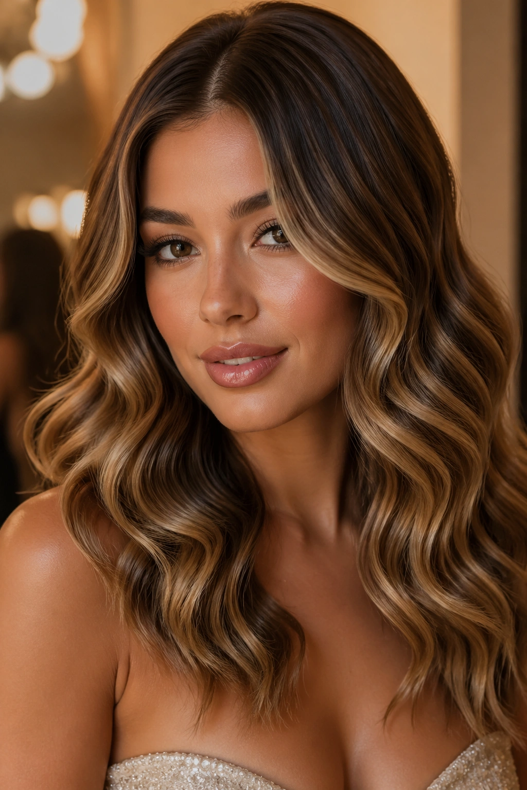 Close-up of a real woman with soft Hollywood waves and caramel balayage.