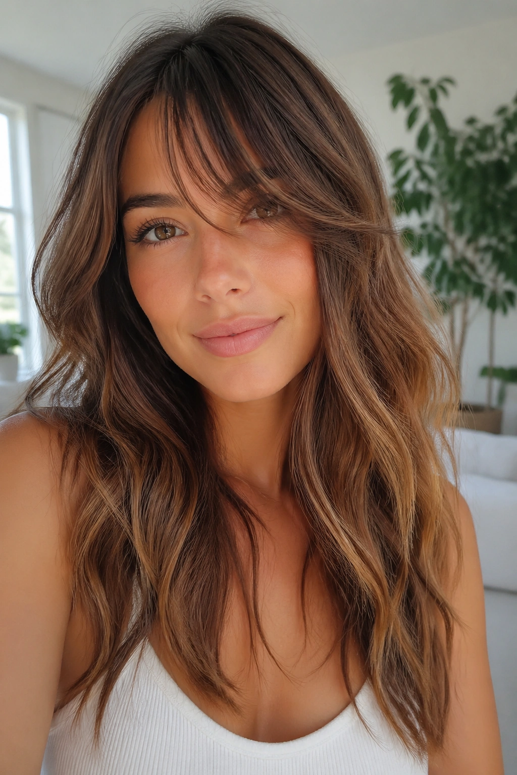 Close-up portrait of a real woman with soft waves and piece-y side bangs.