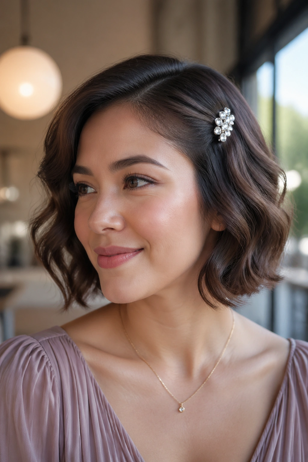Short hairstyle with soft waves and a small clip near temple