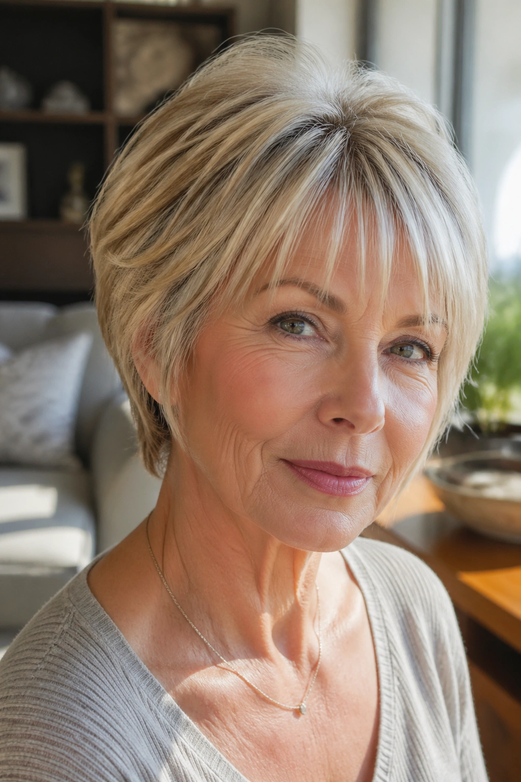 Close-up of a real woman with a soft wedge cut and tapered bangs in a sunny living room