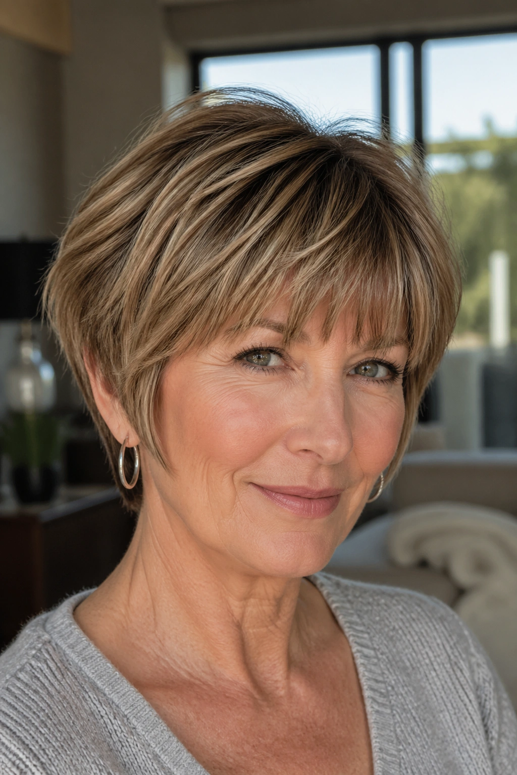 Portrait of a woman with soft wedge haircut and textured bangs in a bright room