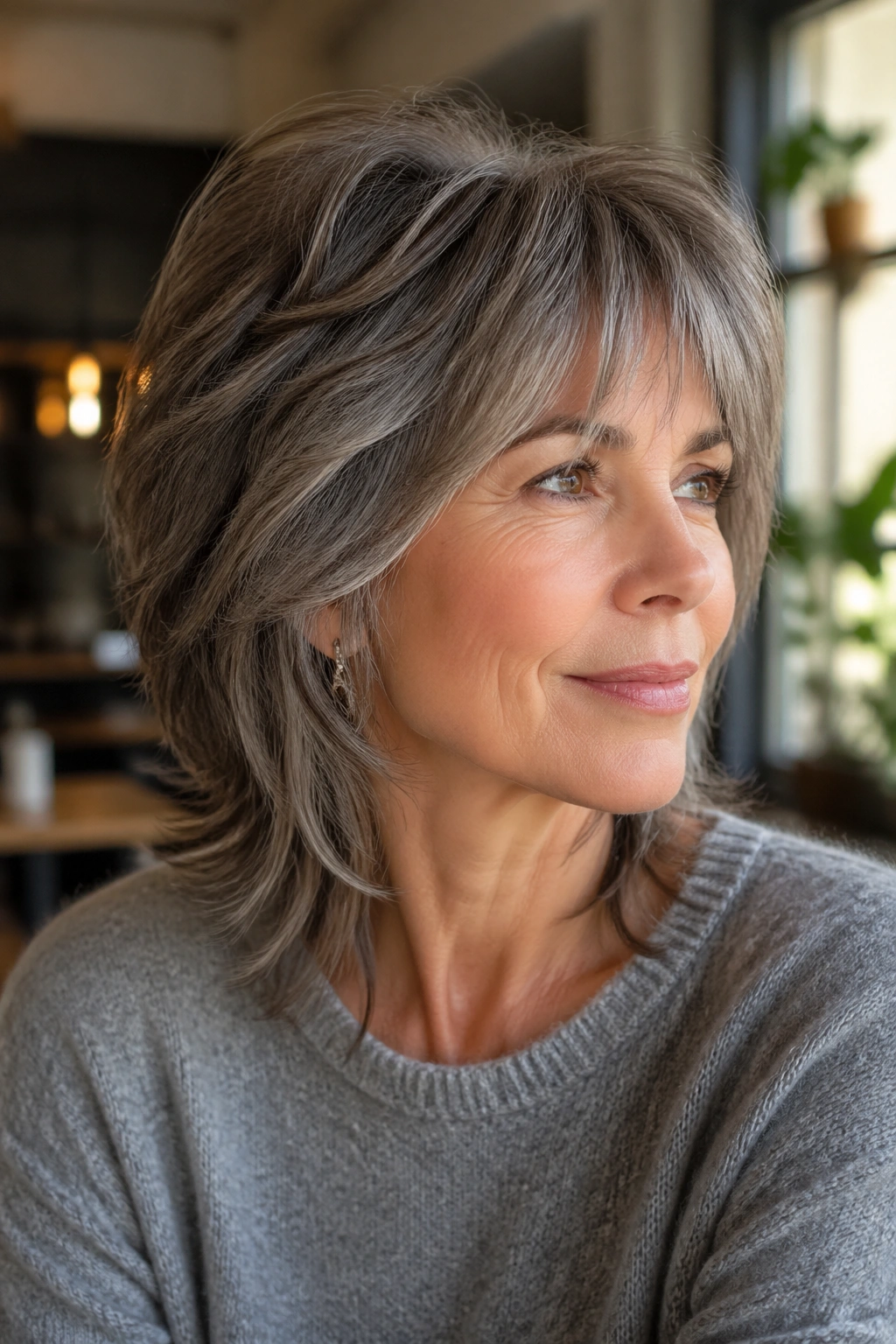 Close-up of a real woman with a soft wolf cut and textured layers.