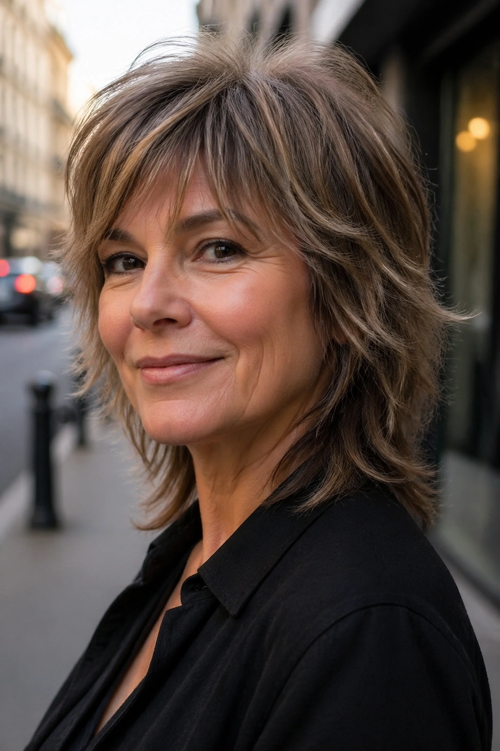 Close-up portrait of a real woman with soft wolf cut in an urban setting.