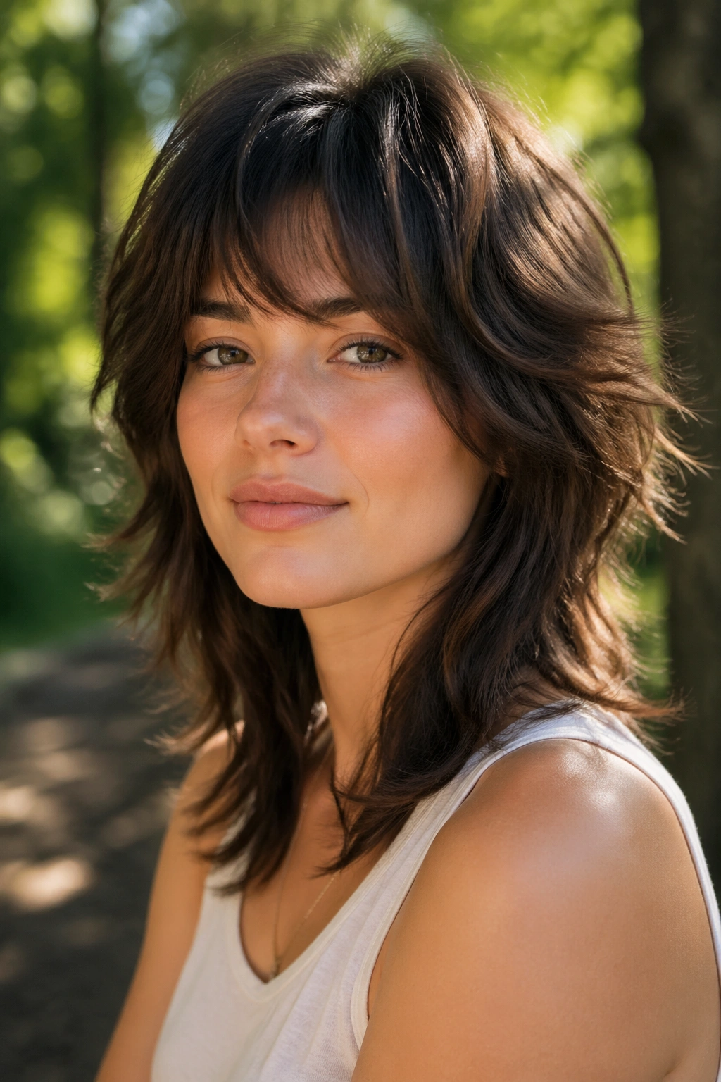 Real woman wearing a soft wolf cut with tapered ends in an outdoor park setting.