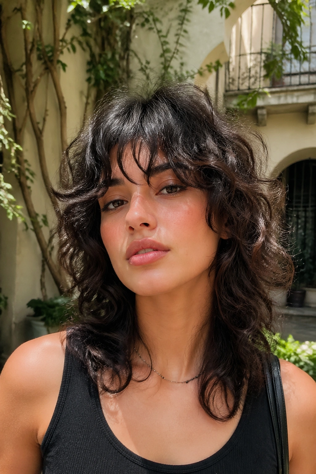 Close-up of a real woman with a soft wolf cut and wispy bangs in daylight
